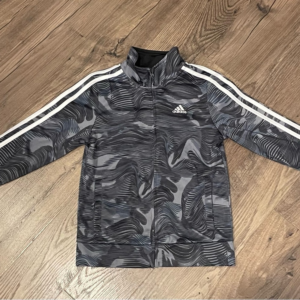 Adidas Youth Size 6 Jacket, Track/Warm-up, Zip-up, Grey and Black, White Stripes